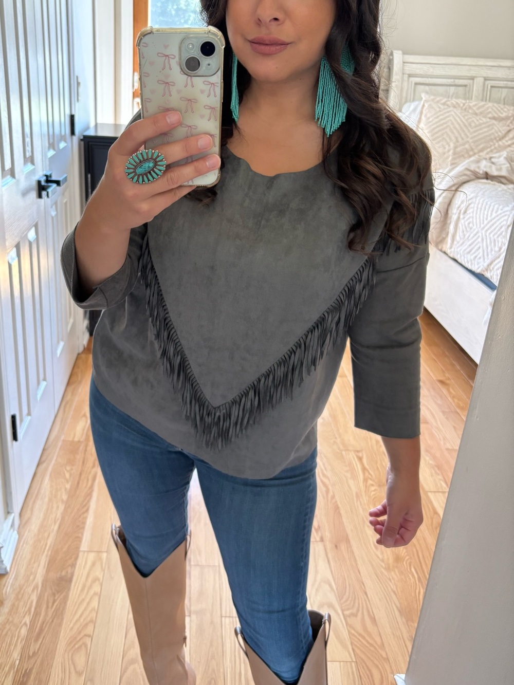 Faux suede western fringe boho top
